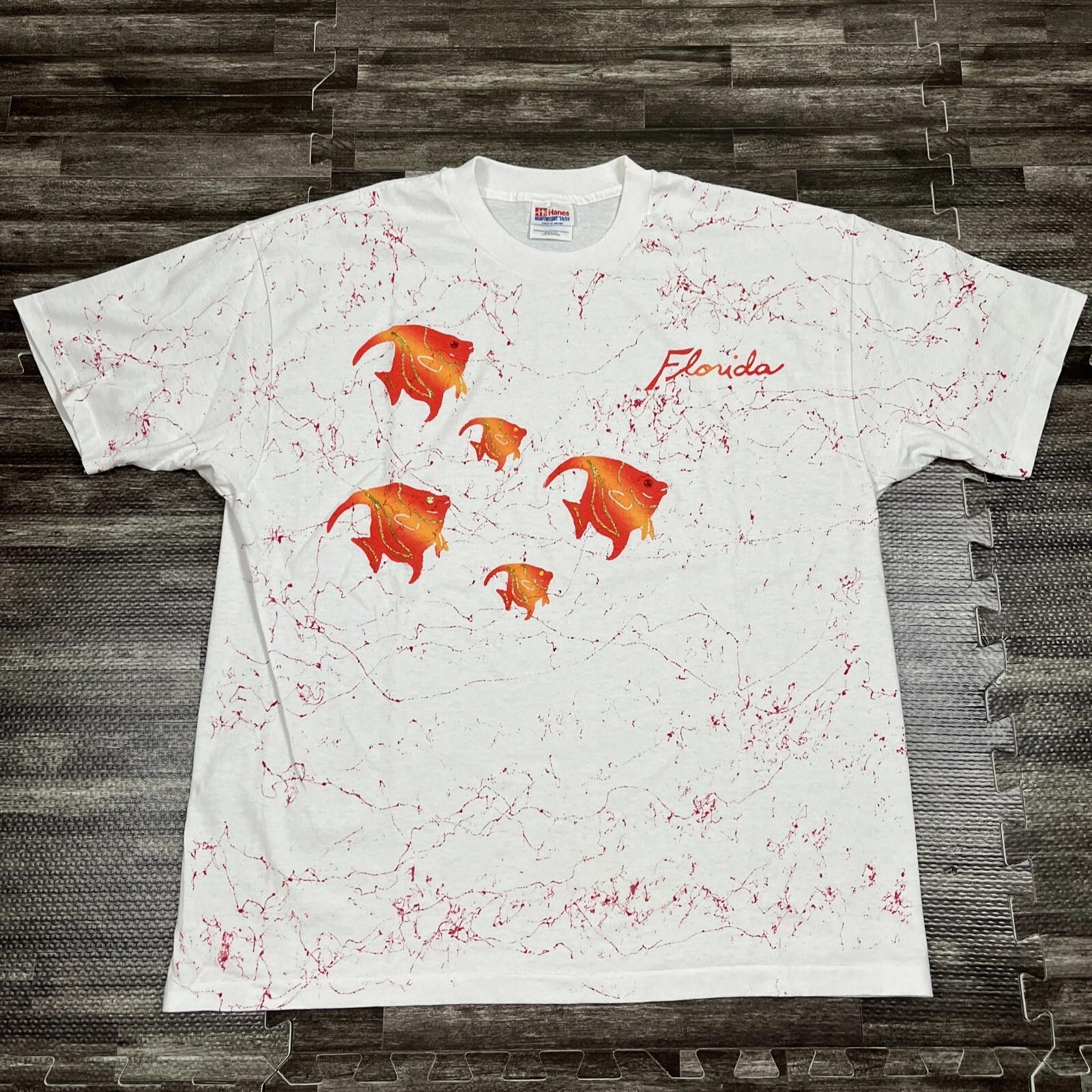 

Vintage 90s All Over Print Fish Tshirt XL White Single Stitch Hand Painted VTG M