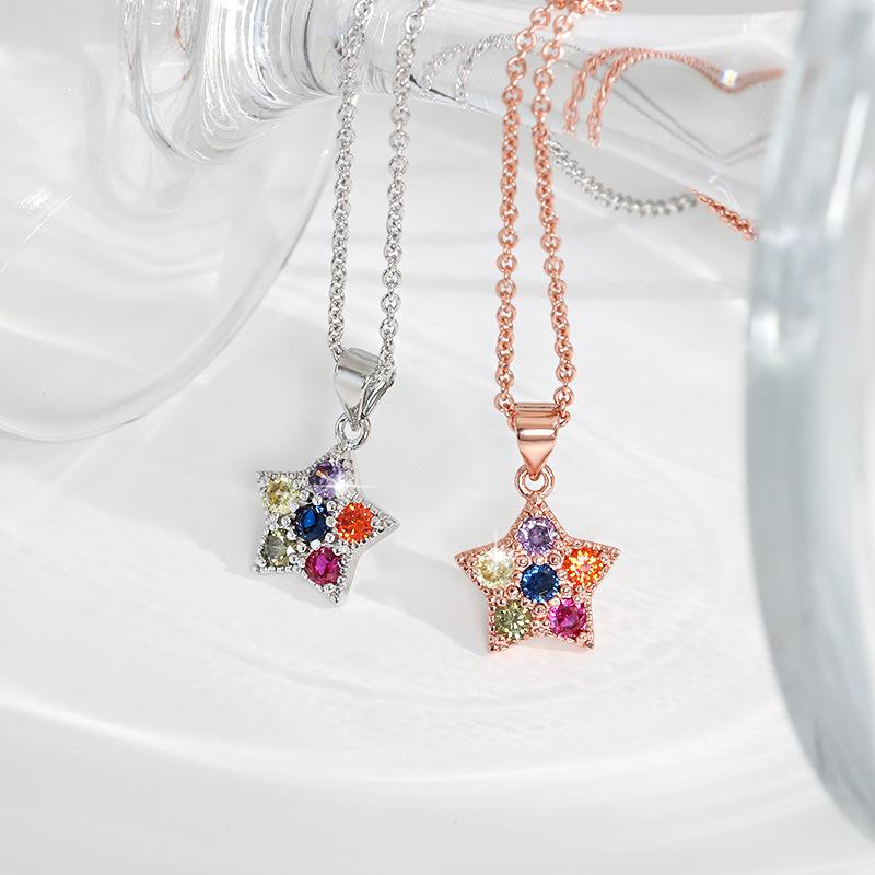 Star Colored Diamond Necklace with Ethnic Literature Style Colorful Polygonal Cat's Eye Stone Five Point Star Necklace