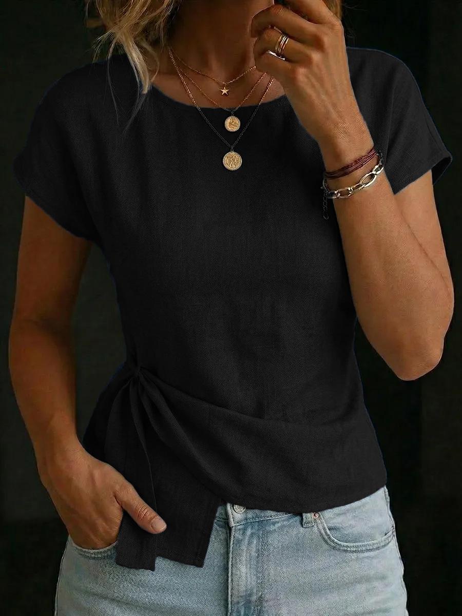 Women Casual Crew Neck Short Sleeve Irregular Hem Solid T Shirt S чёрный