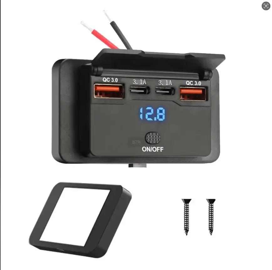 12V-24V Zásuvka nabíječky do auta PD 30W a QC 3.0 18W USB C Duální porty Rychlonabíjecí zásuvka Panel s tlačítkovým spínačem pro RV Loď Auto