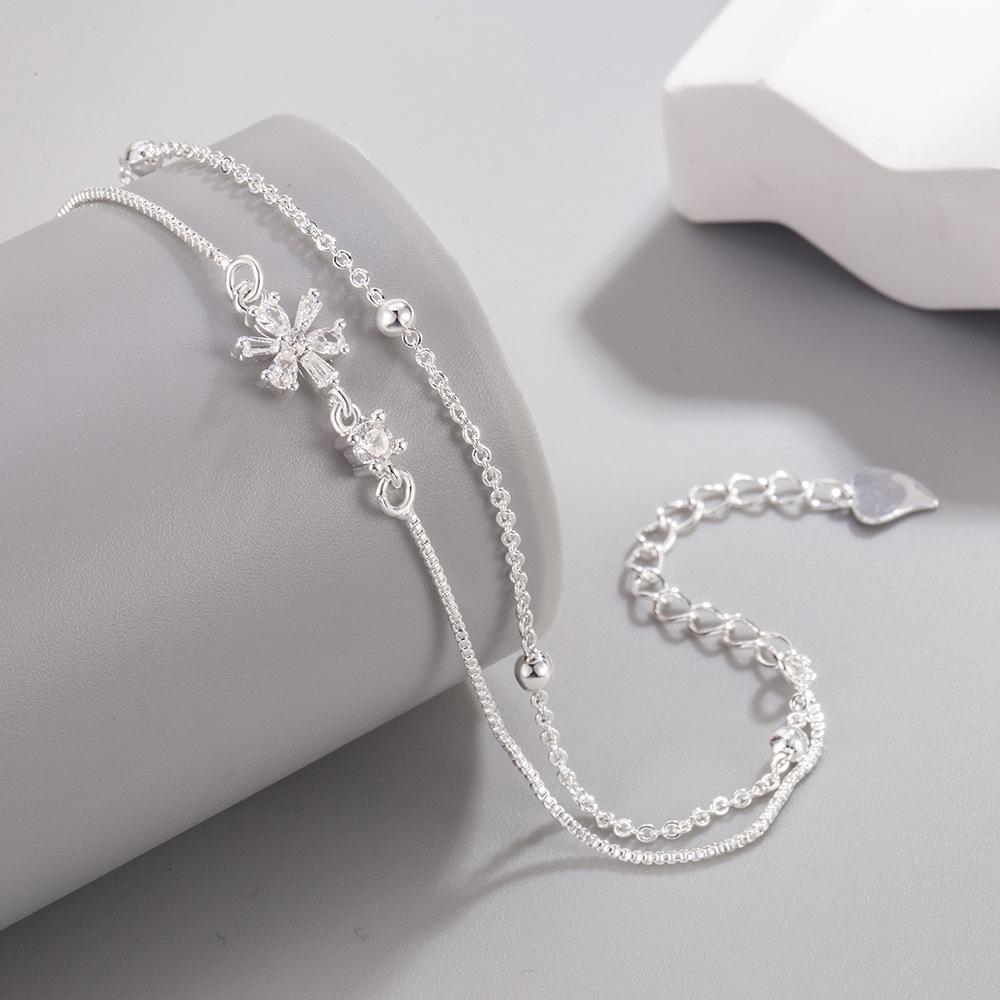 925 Sterling Silver Sweet Fashion Double Romantic Cherry Blossom Zircon Bracelet Birthday Anniversary Party Gift