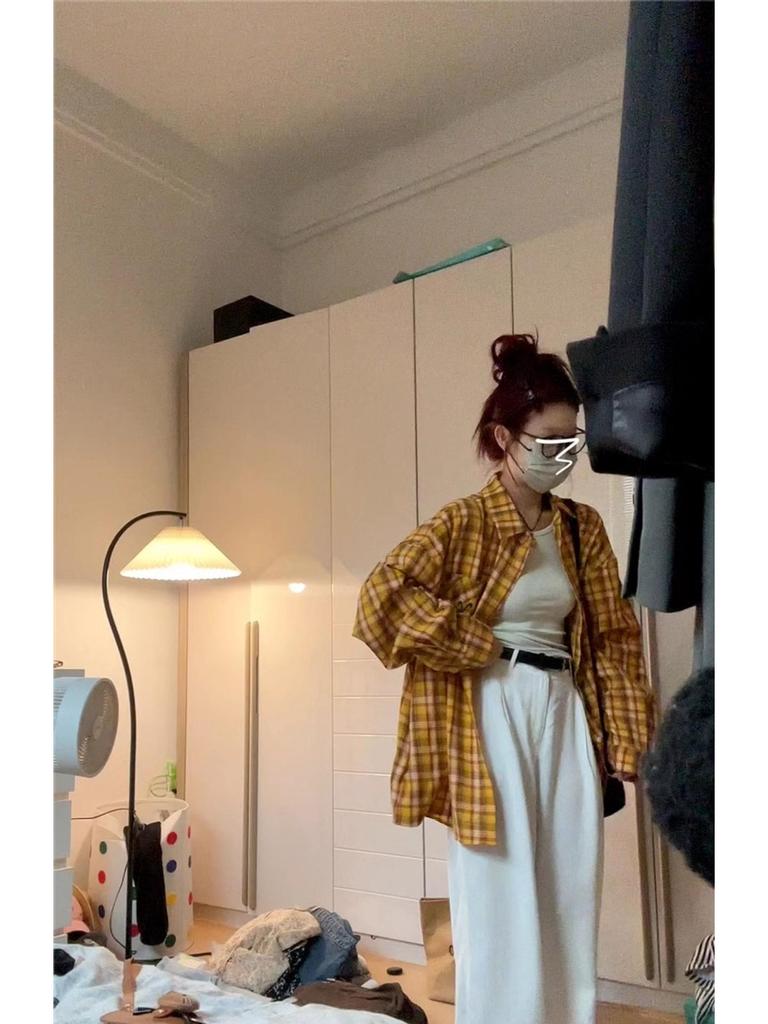 Women's Retro Yellow Striped Plaid Shirt Jacket, Sun Protection, Mid-Length Top for Spring and Autumn
