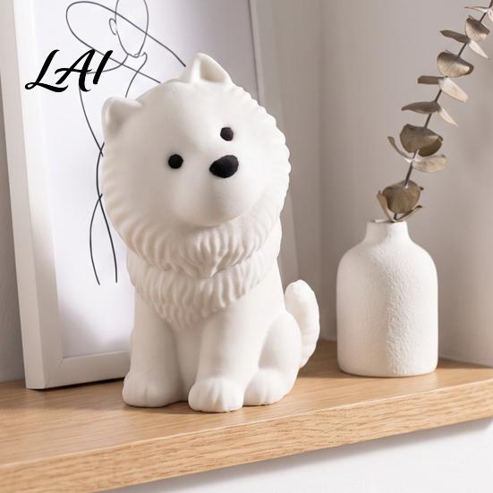 Desktop Animal Model Cute Sitting Samoyed Dog Figurine 3D Printed Smiling Puppy Statue Healing Miniature Pet Figurine Ornament for Home Car
