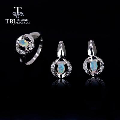 Natural Opal Jewelry Set Oval 4*6mm Gemstone Ring Earring 925 Sterling Silver Fine Jewelry Women's Wife Nice Gift
