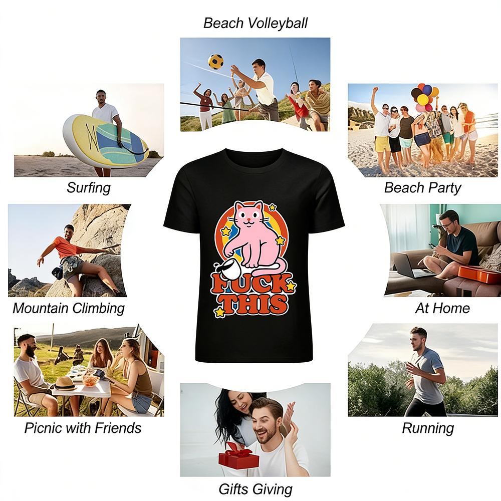 Funny Pink Cat Fuck This Print T-Shirt Unisex Trendy Casual Short Sleeve Top Pure Cotton T-shirt
