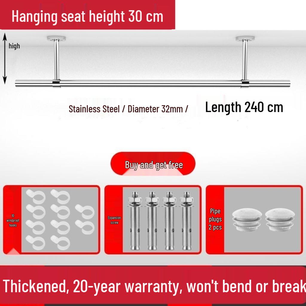 32mm 304 Stainless Steel Clothes Drying Rod for Balcony and Indoor/Outdoor Use