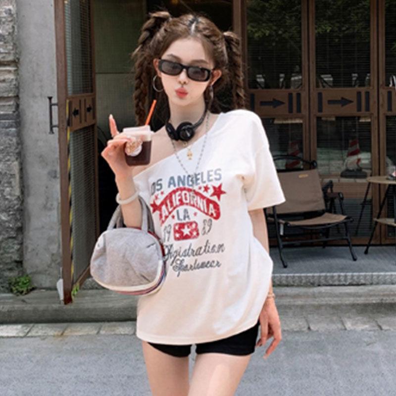 Summer New Pure Desire Wind Slant Shoulder Spicy Girl Pure Cotton Short Sleeved T-shirt for Women Loose and Slim Versatile Design Top for Women