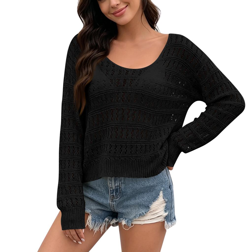 Women’s Long Sleeve Crochet Knit Pullover Sweater Scoop Neck Lightweight Loose Fit Hollow Out Design Top