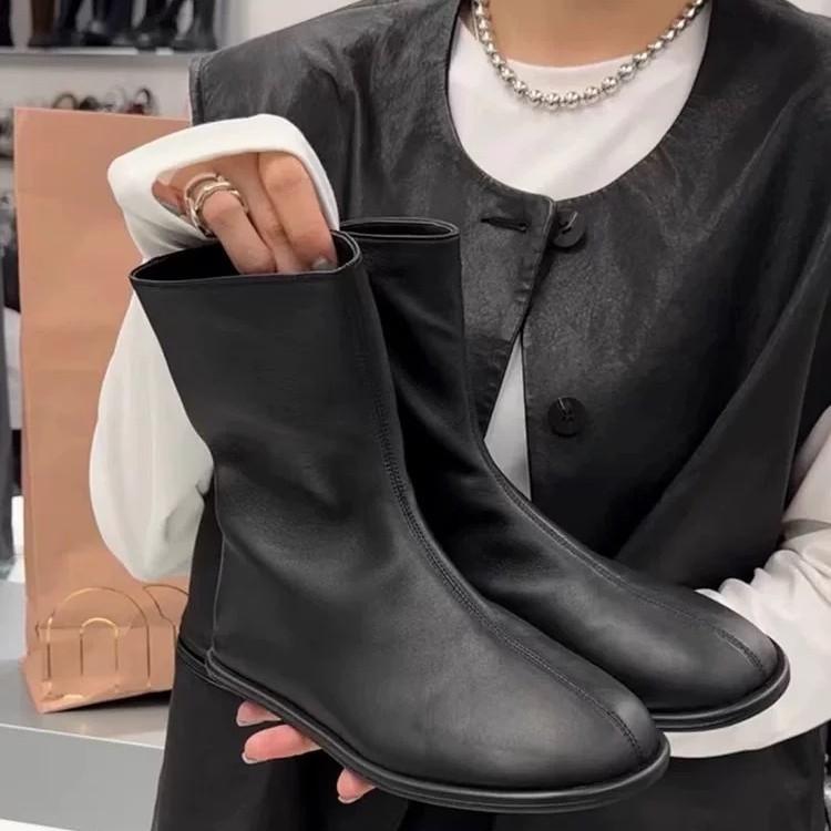 Korean Version of Simple and Versatile Elastic Thin Boots Flat Bottom Comfortable Side Zipper Chelsea Short Boots Women's Autumn and Winter Ma