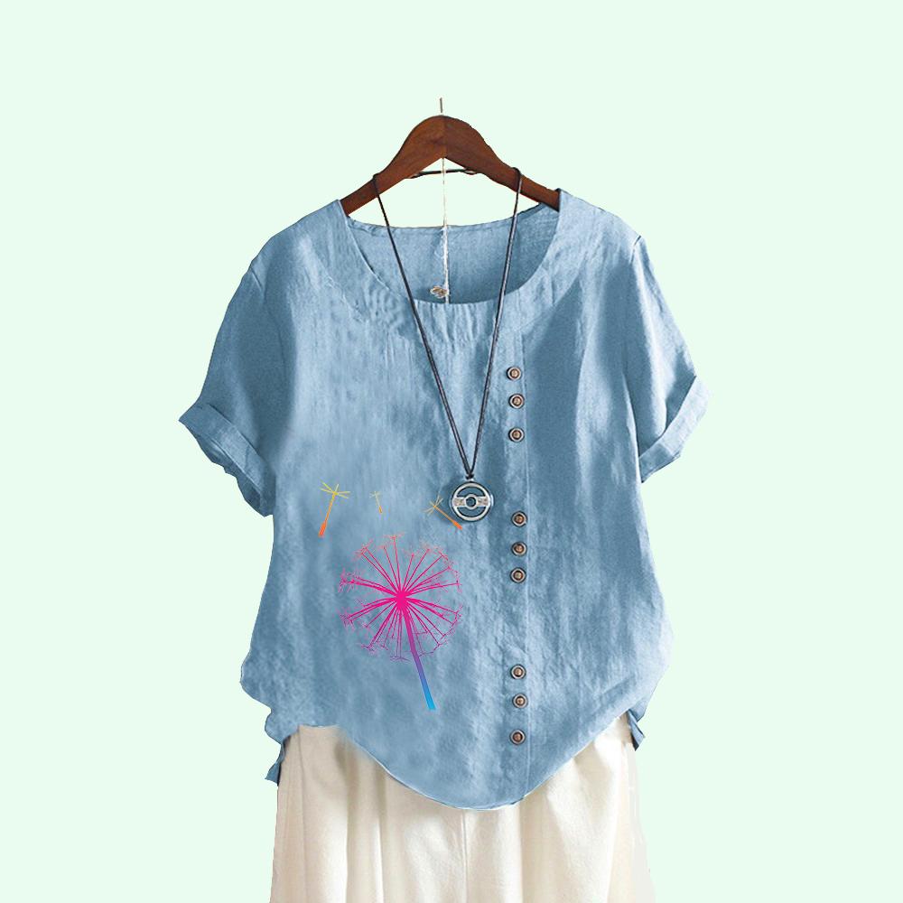 

Жіноча модна футболка з коротким рукавом із квітковим принтом, літня повсякденна футболка з круглим коміром, бавовняна білизна, верхній пуловер, вільні блузки 5XL світло-синій колір