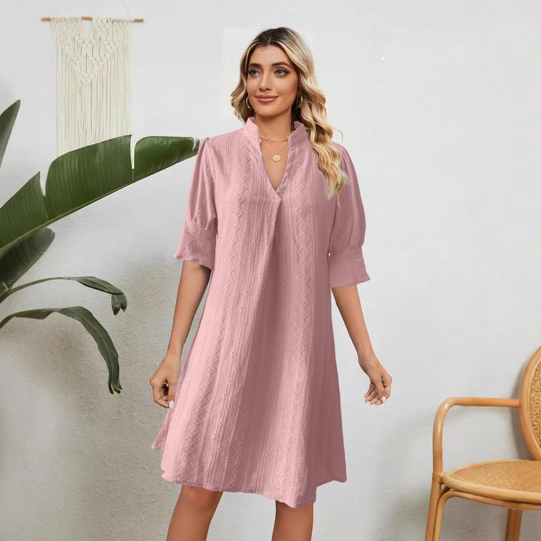 

Women s Casual Dresses V-Neck Solid Color Loose Casual Dress - Pleated & Stylish S рожевий