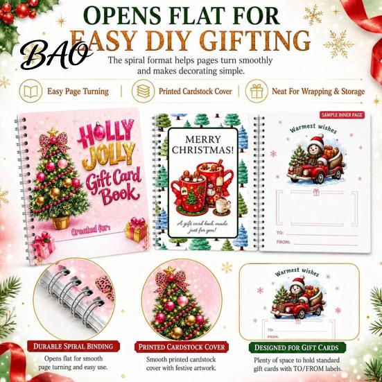 Christmas Keepsake Card Book Holographic Gift Book, 7x5 Spiral Bound Holiday Booklet, 10-Page Decorative Sleeve Greeting Bolder DIY for Xmas