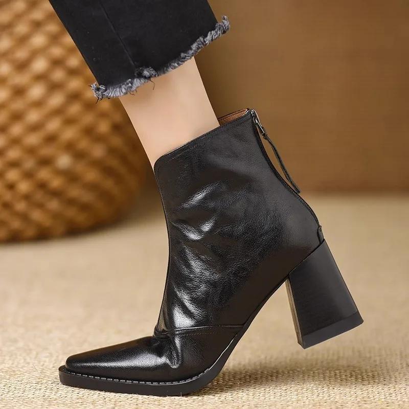 Fashion Women Ankle Boots  Square Toe PU Leather High-heeled Boots Fashion Retro Zipper Square Heel Short Boots Botas Mujer