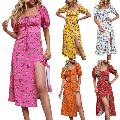 Women's Fashion Casual Sexy Printed Bubble Short-Sleeved Smocked Hem Split Dress