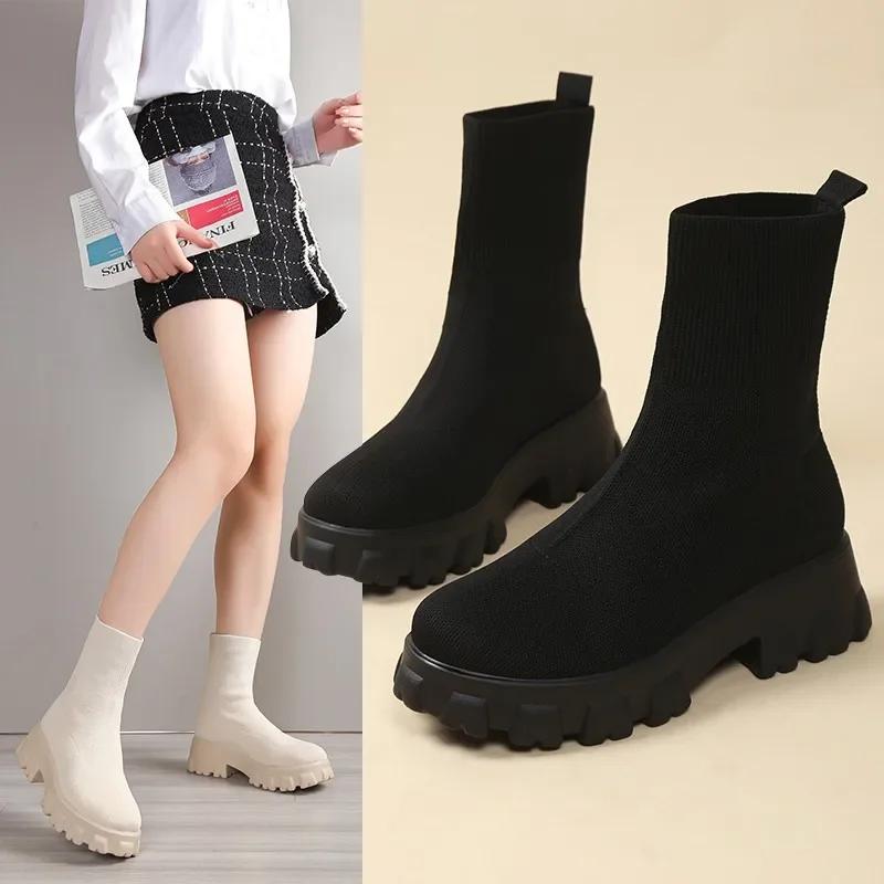 Spring Autumn New Women's Mid Calf Hoof Heels Sock Boots Slip on Round Toe Shoes for Women Ladies Breathable Platform Boots