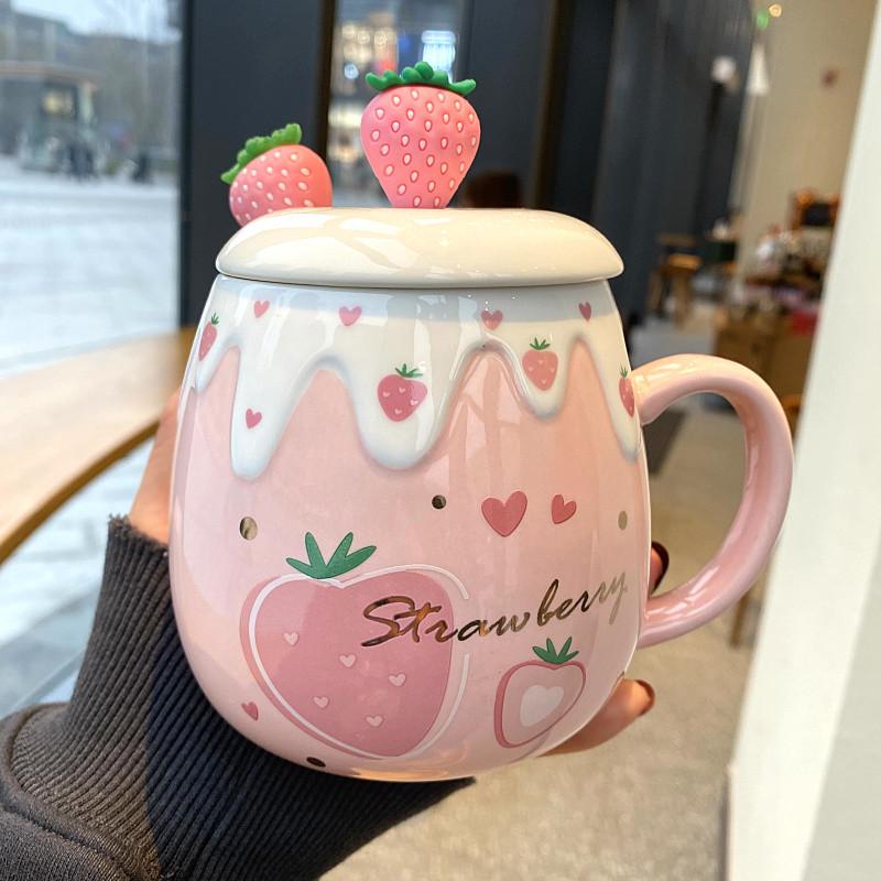 Cute Ceramic Cup Girl Heart with Lid and Spoon Mug Strawberry Large Capacity Creative Household Breakfast Coffee Cups