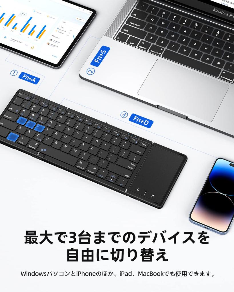 Omikamo Wireless Foldable iPad Keyboard with Bluetooth and Touchpad, English Layout, Full Size, Multi-Pairing, Compatible with Android, iOS, Windows,