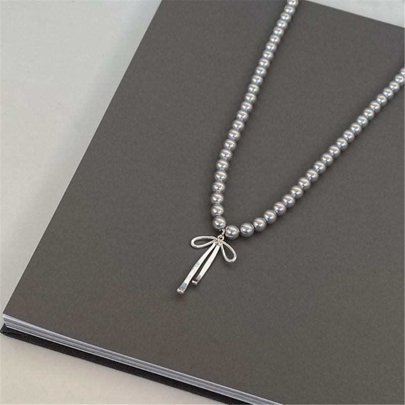 Exquisite Bowknot Pendant Necklace Elegant Neckchains Jewelry Gray Pearls Clavicle Chain Charm Adornment for Women
