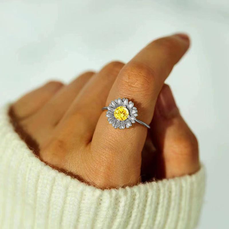 

925 Sterling Silver Flower Rings for Women Bright Round Yellow Zirconia Accessories for Daily Life Wedding Band Jewelry 6