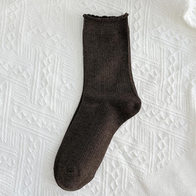 Schwarze Socken mit Ohrbesatz für Damen, Wadenlange Socken für Herbst und Winter, Trendige einfarbige Baumwollsocken, Frotteesocken mit Spitze, Nahtlose Damensocken