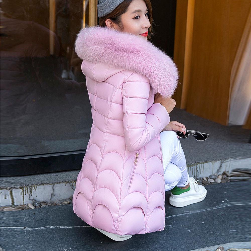 Women Hooded Outwear Warm Coat Long Thick  Collar Cotton Slim Jacket
