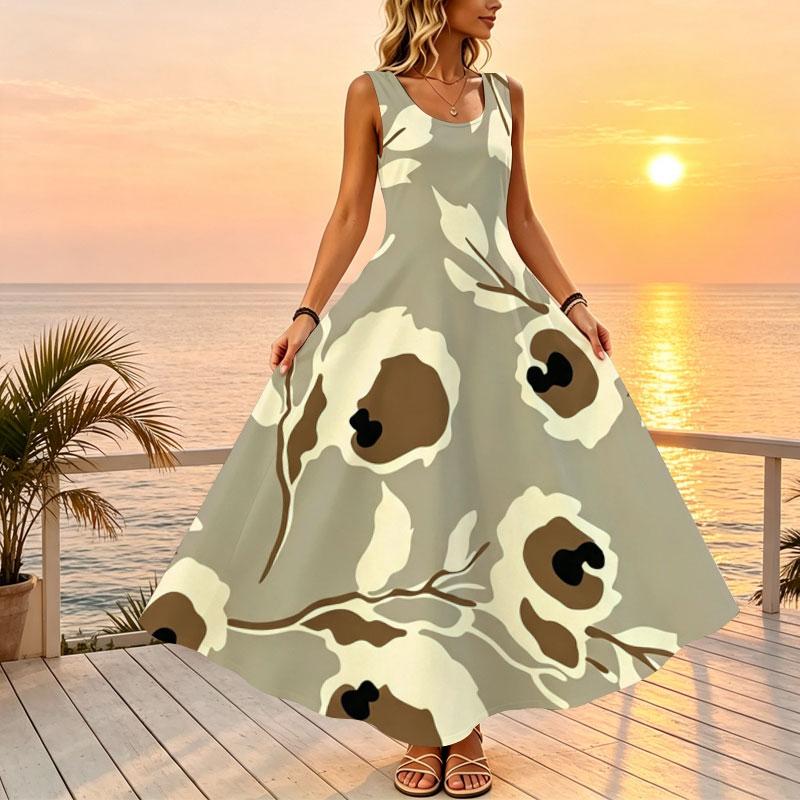 U Neck Sleeveless Floral Maxi Dress Loose Fit Comfortable for Beach Vacation,Casual Daily Wear,Versatile