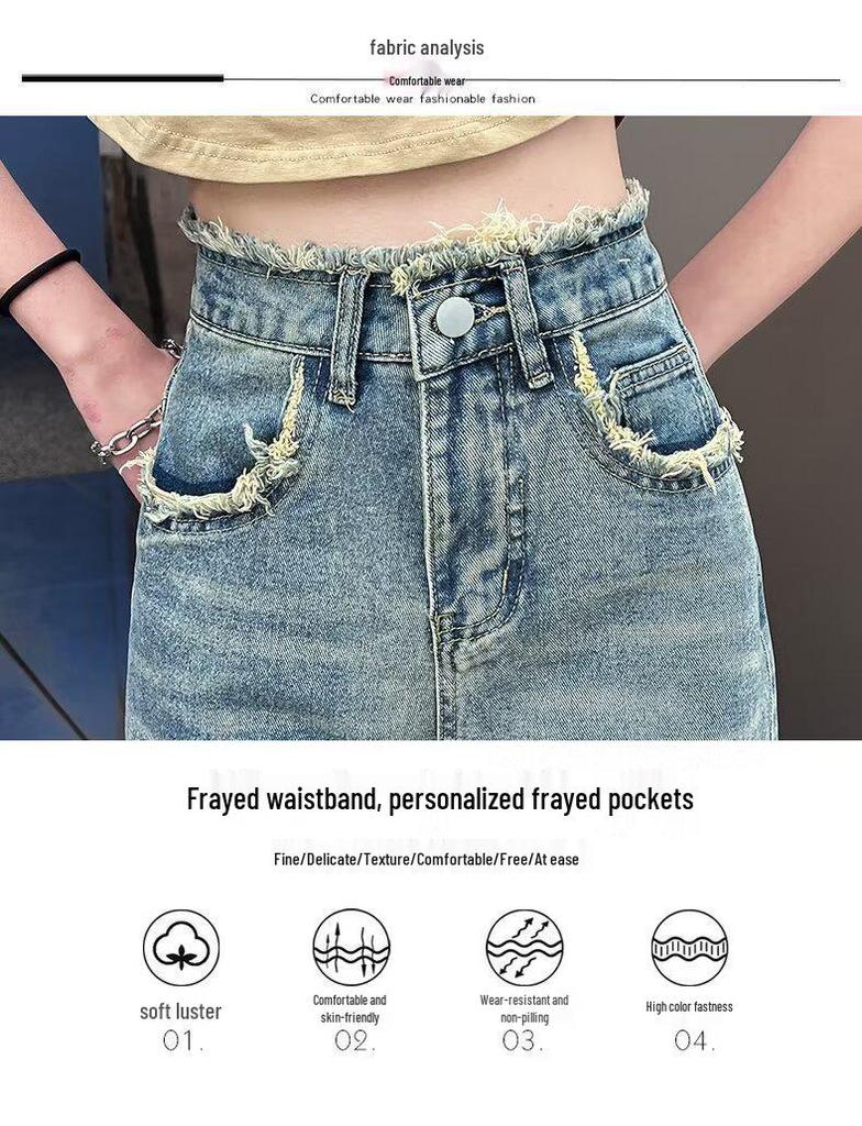 Women's High-Waisted Retro Wide-Leg Jeans, Floor-Length Frayed Straight-Leg, Spring/Autumn 2024.
