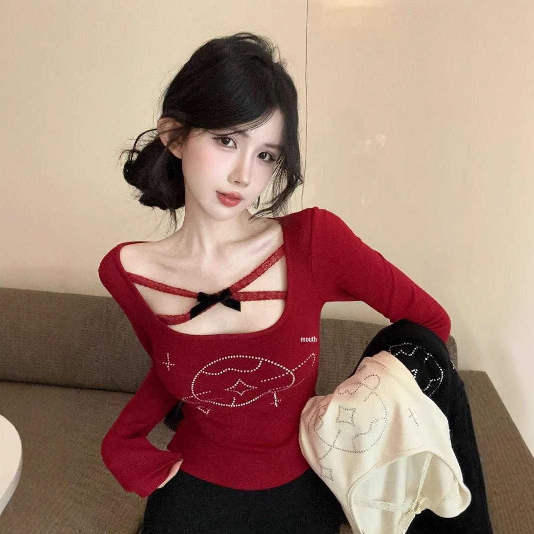 

2025 Spring/Autumn Sexy Lace Bow Crossover Long Sleeve Slim Fit Women s Top Medium