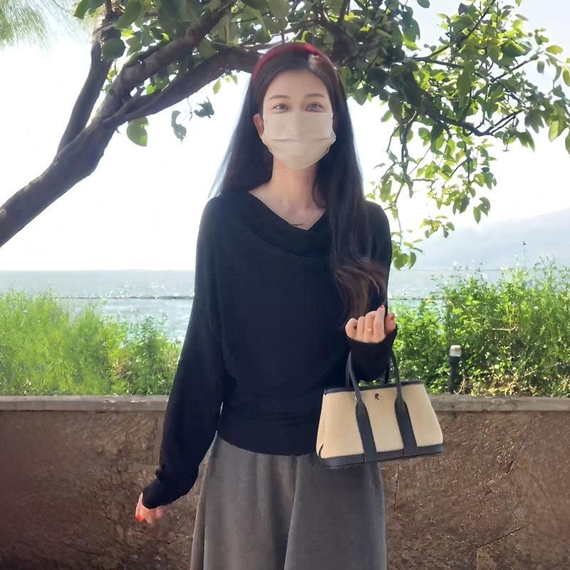 

Премиальный вязаный свитер большого размера с отложным воротником на одно плечо и длинными рукавами, женский осенний новый, для полных, ленивый и тонкий, с темпераментом, топ One size fits all [recommended 80-60kg] чёрный