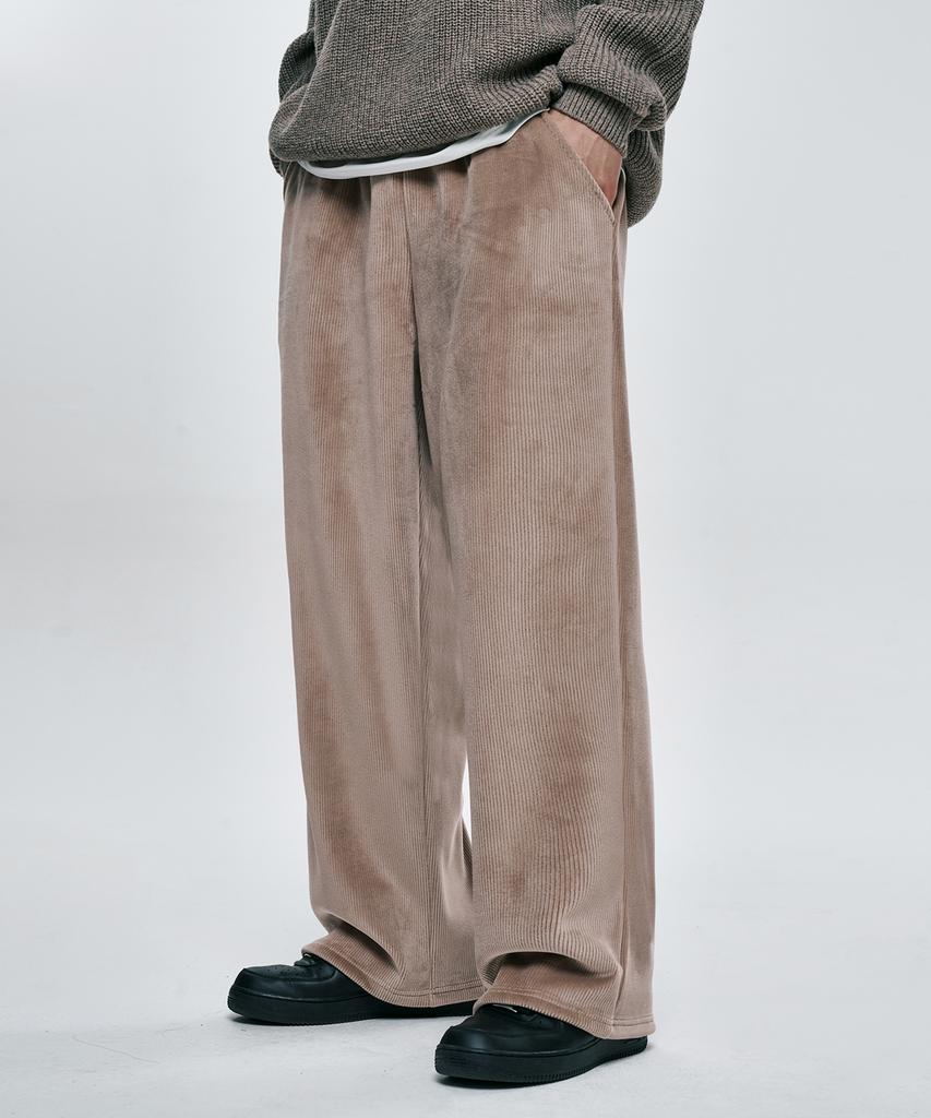 Atejeu Fleece Corduroy Wide Elastic Pants [Beige]