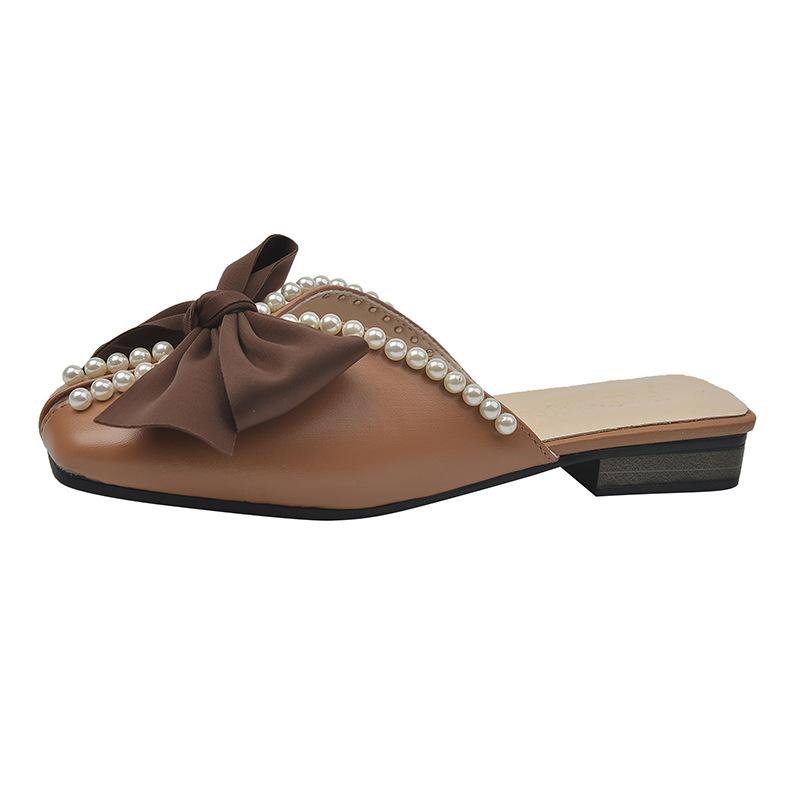 

Тапочки Baotou, женская летняя одежда 2025 года, новая корейская версия, бант, жемчуг, плоская подошва, мягкая подошва, сандалии «рыбий рот» 40 абрикосовый