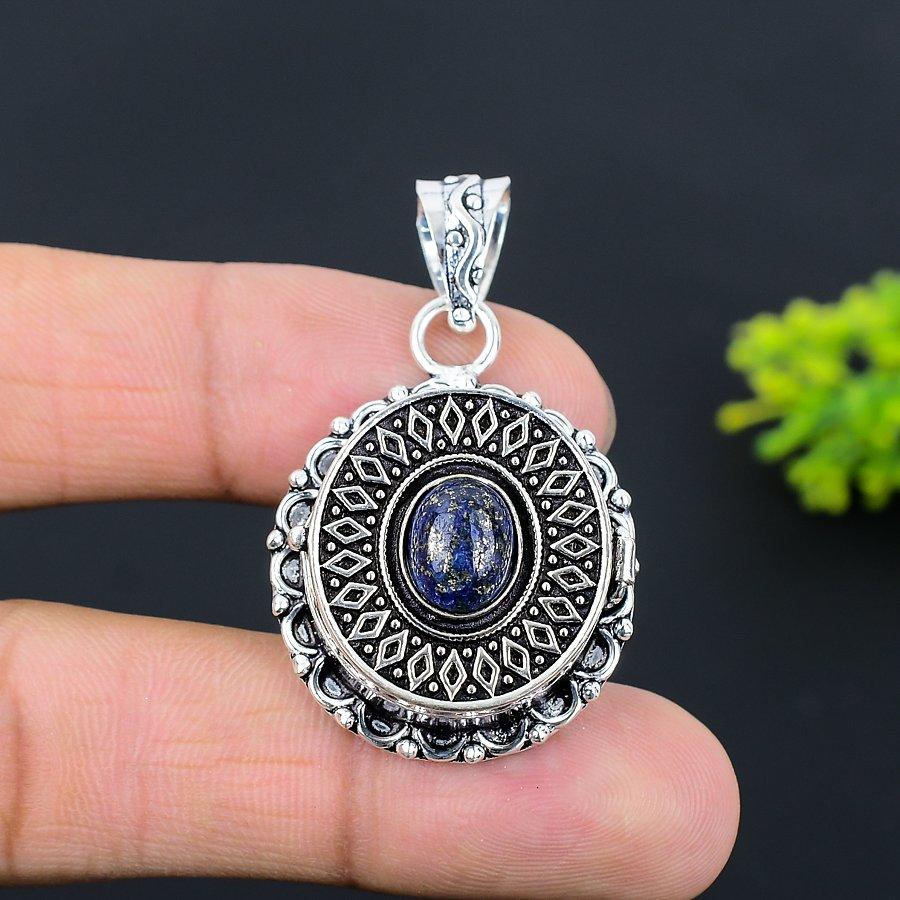 Lapis Lazuli Gemstone Handmade 925 Sterling Silver Jewelry Pendant 1.77" C3P83