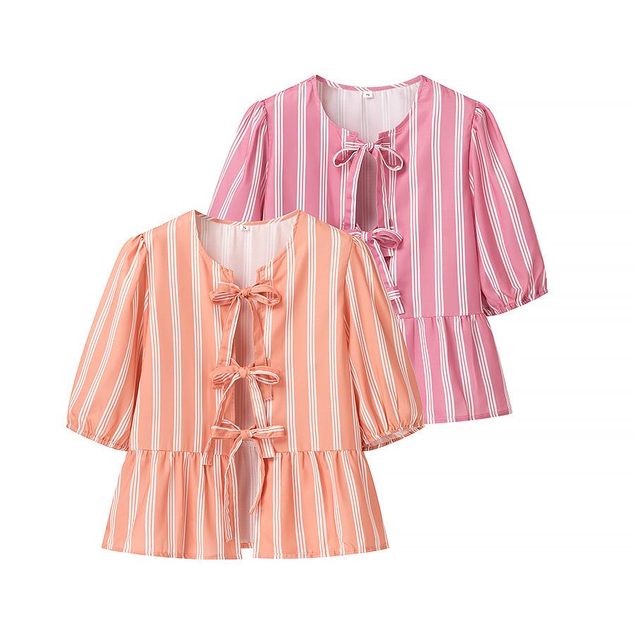 

2025 Summer Women s Fashion: Vertical Stripe Bow Tie Shirt S