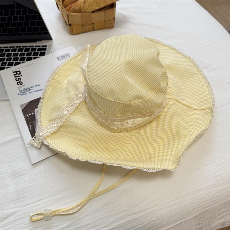 Small fresh plaid lace strap, big eaves, fisherman's hat, children's spring and summer sun protection, UV protection, sun hat, all-match tide