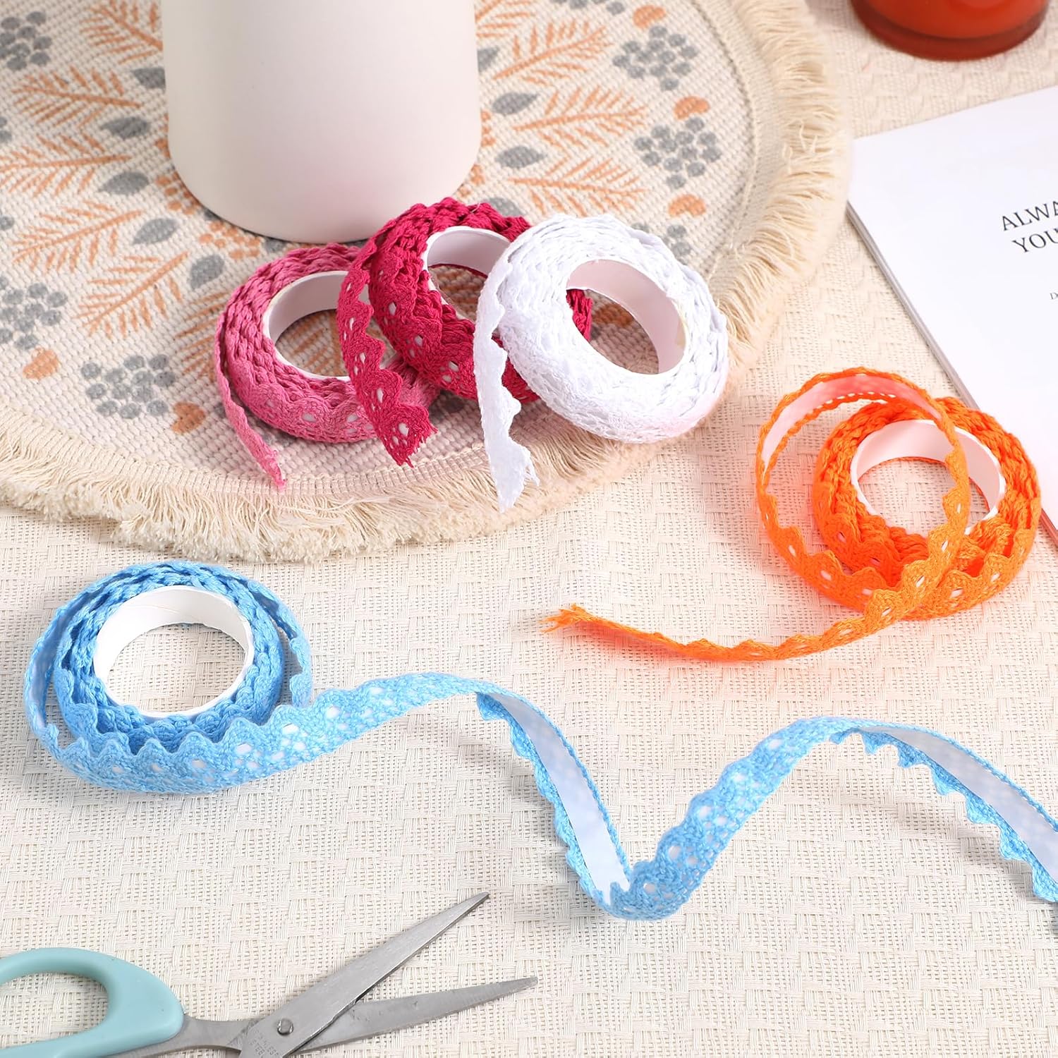 BESPORTBLE Muticolor Lace Trim Tape, 5Pcs Cotton Lace Trim with Self-Adhesive Sticker - Lace Tape Sticker DIY Scrapbooking Crafts