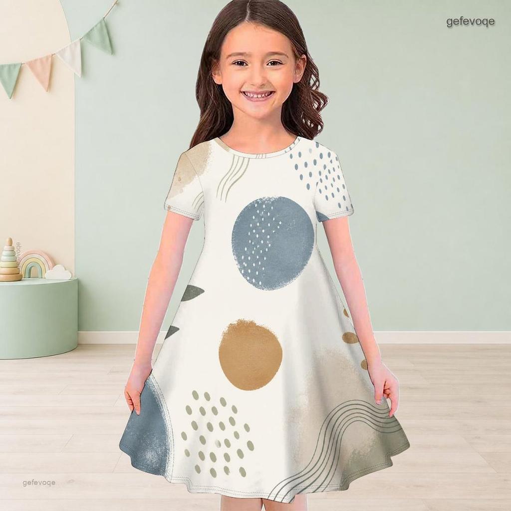 Girls Round Neck Short Sleeve Abstract Floral Printed A Line Flared Dress