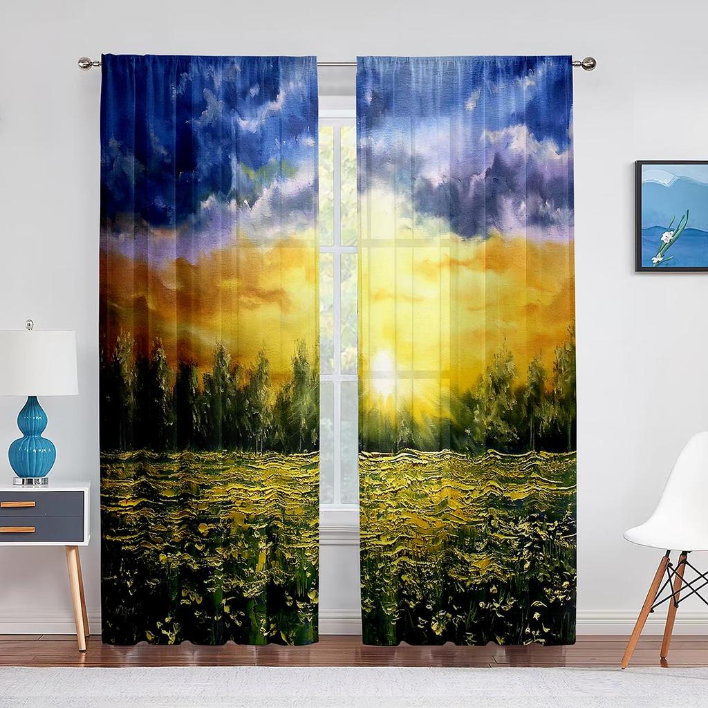 Perdele din șifon cu peisaj fantezic, perdele din tul pentru casă lângă munte și râu, pentru decorarea casei de living