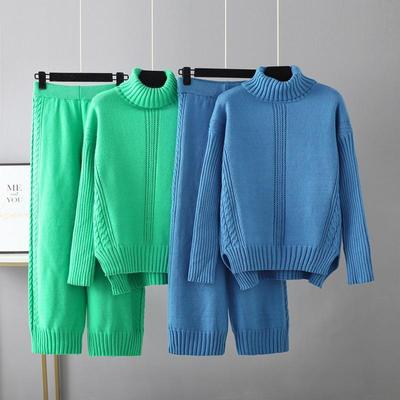 Set di maglioni lavorati a maglia ispessita con collo alto da donna Set di due pezzi di pantaloni a gamba larga slouchy color tinta unita primavera autunno