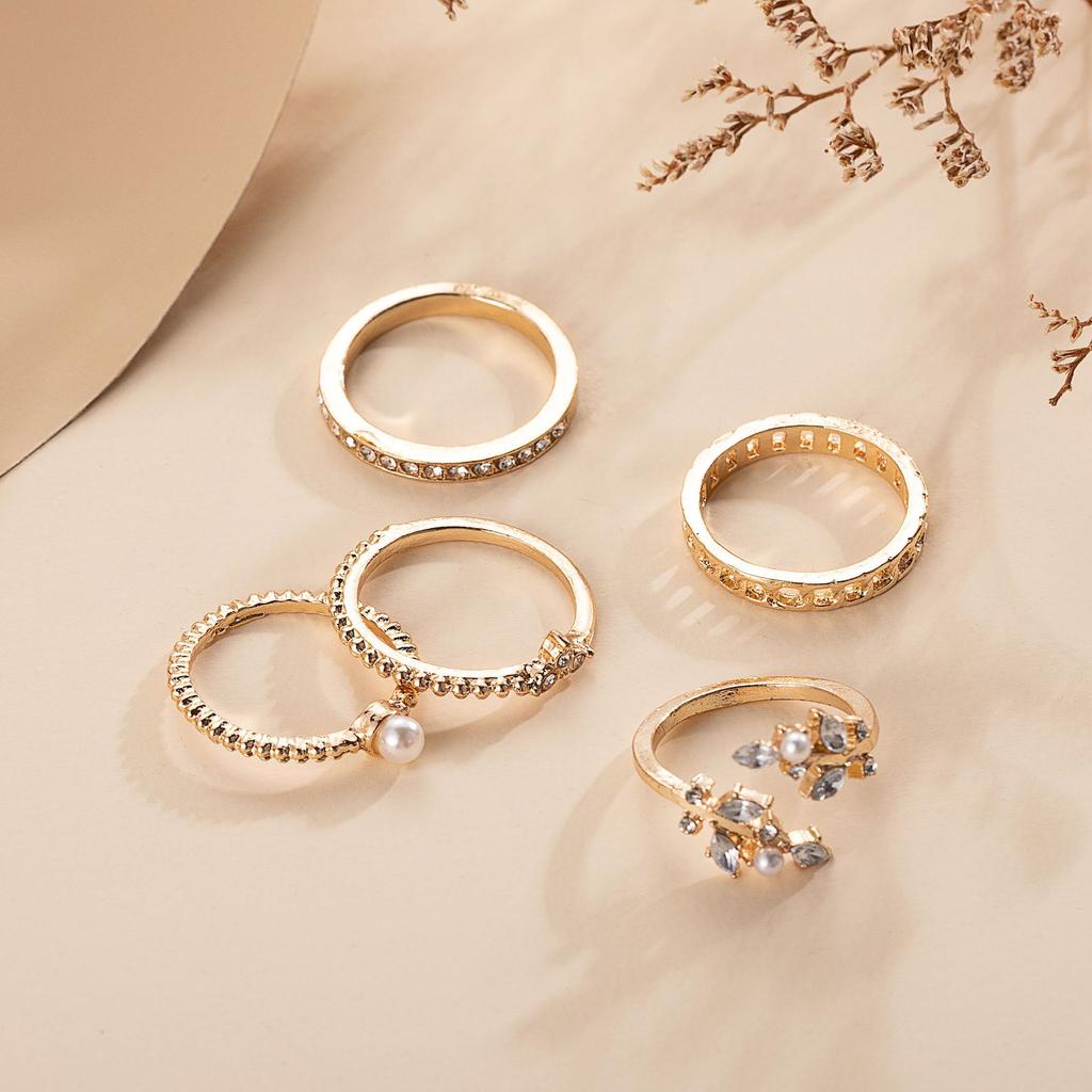 Combination Ring, Fashionable Pearl Dot Diamond Leaf Chain 5-Piece Set Ring For Women