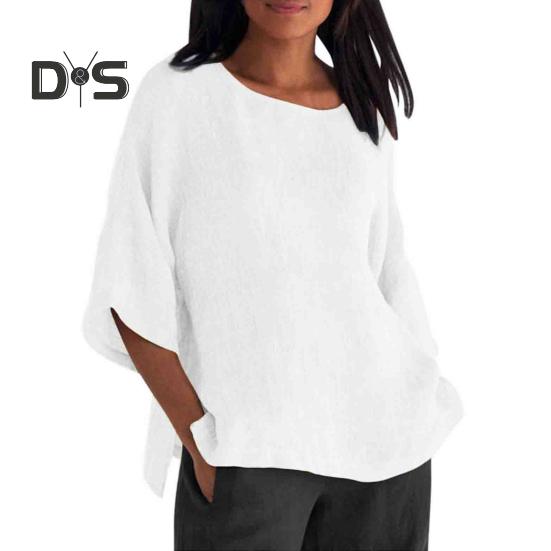 Women Shirt 3/4 Sleeve Casual Crew Neck Solid Color Pullover Tops Loose Fit Vacation Blouse Daily Wear