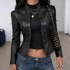 Womens Short PU Leather Moto Jacket Fall Loose Fit Stand Collar Black
