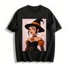 Halloween Witch Pumpkin Print Off Shoulder Top Retro Dark Style Mesh Panel Festival Wear Pure Cotton T-shirt