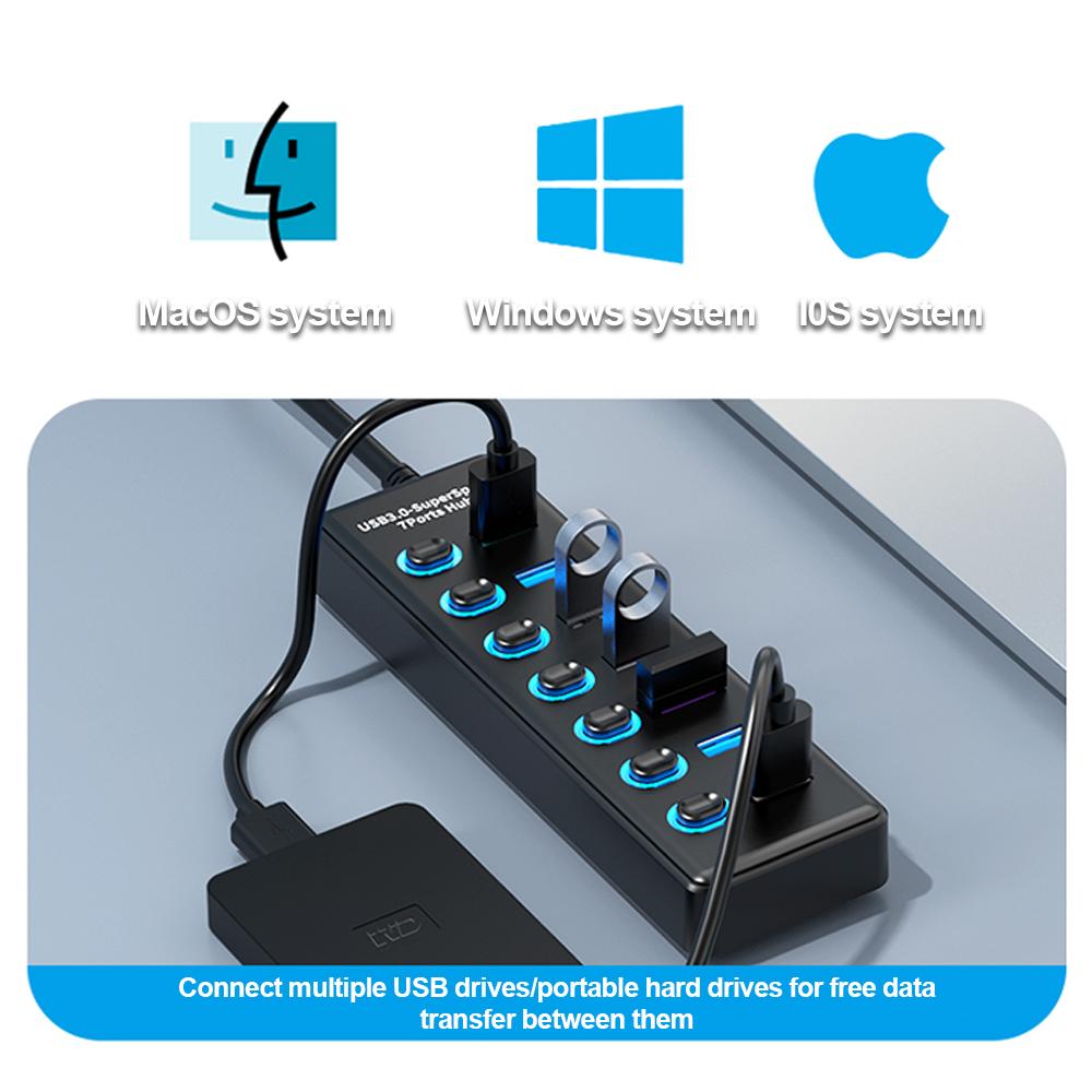 KEBIDUMEI USB HUB 7 Ports USB3.0 Splitter 5Gbps with Individual Switch Power Adapter for Laptop USB Ports Extender USB-C Docking