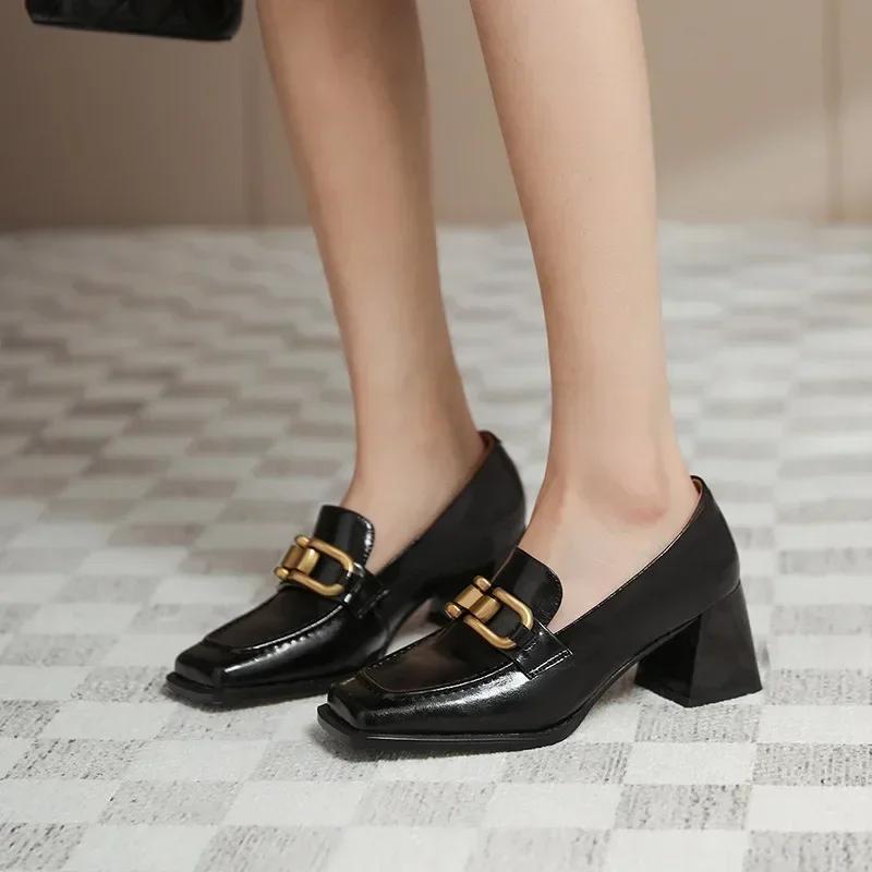 2024 Hot New Square High Heels Women's Thick Soled Small Leather Shoes Deep Mouth Thick Single Shoes Women's Shoes