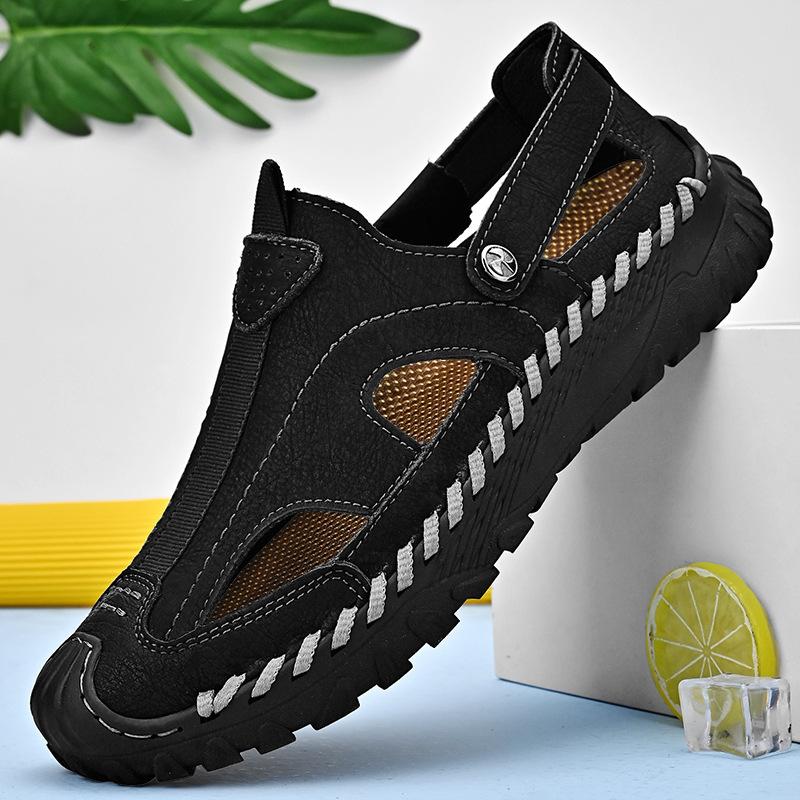 

Открытые и дышащие мужские летние кожаные сандалии на мягкой подошве для пляжа 38 чёрный