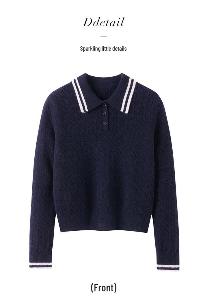 Women's Contrast Color Cashmere Polo Neck Sweater - Autumn & Winter Collection