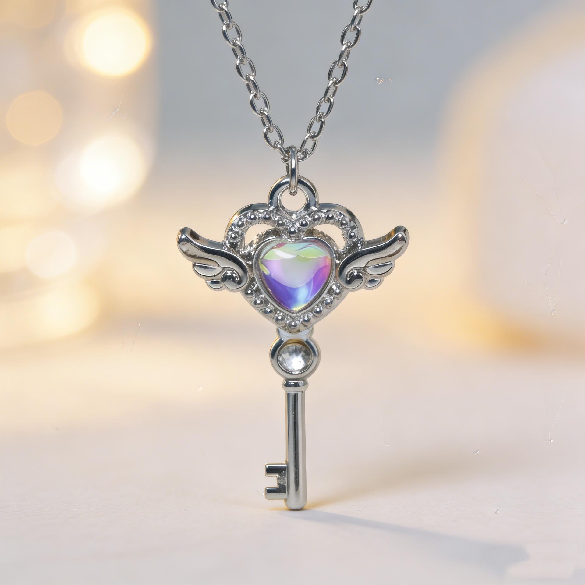 Iridescent Heart Wings Magic Wand Necklace for Women