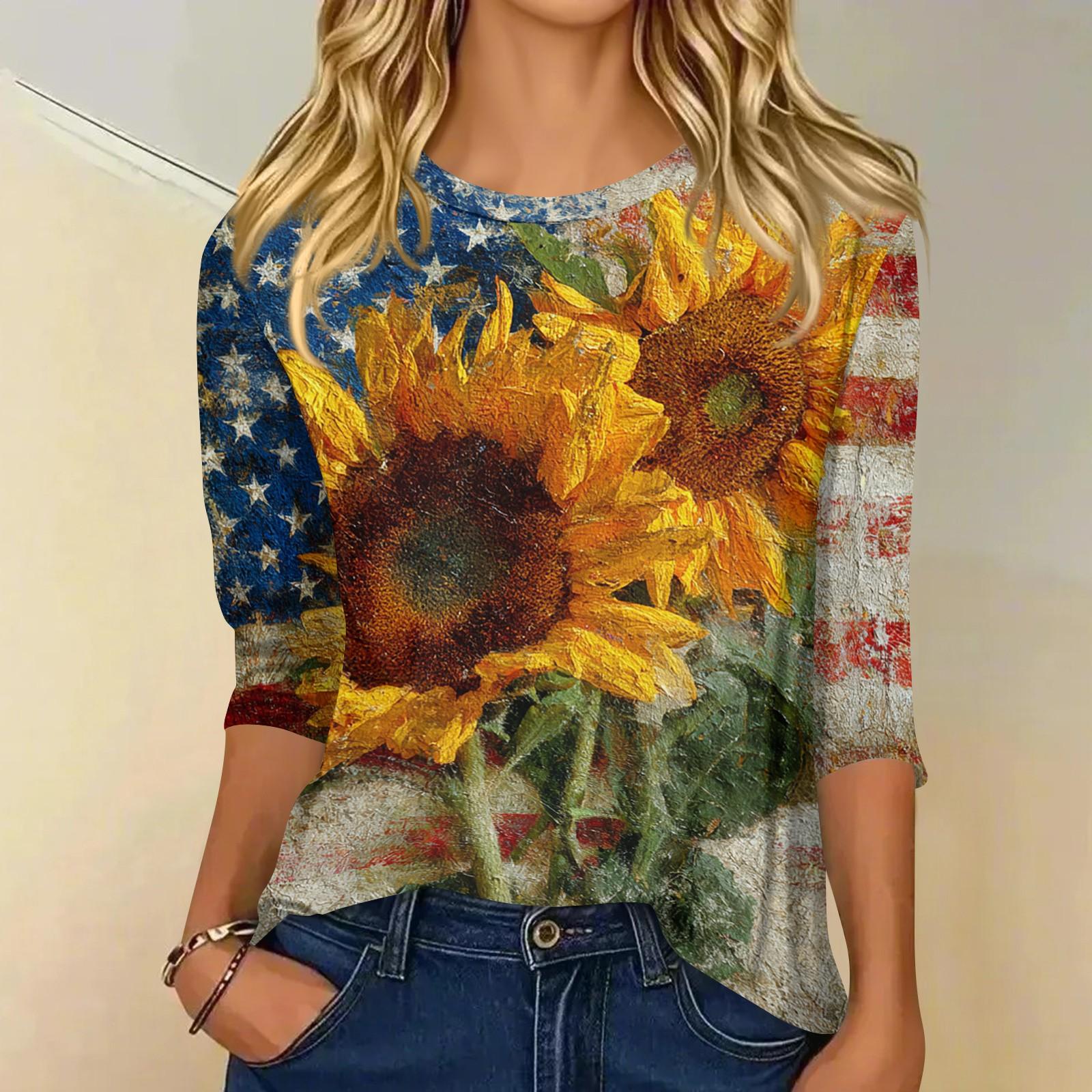 

Women s fashionable casual round neck three-quarter sleeve Independence Day printed T-shirt top XL жовтий