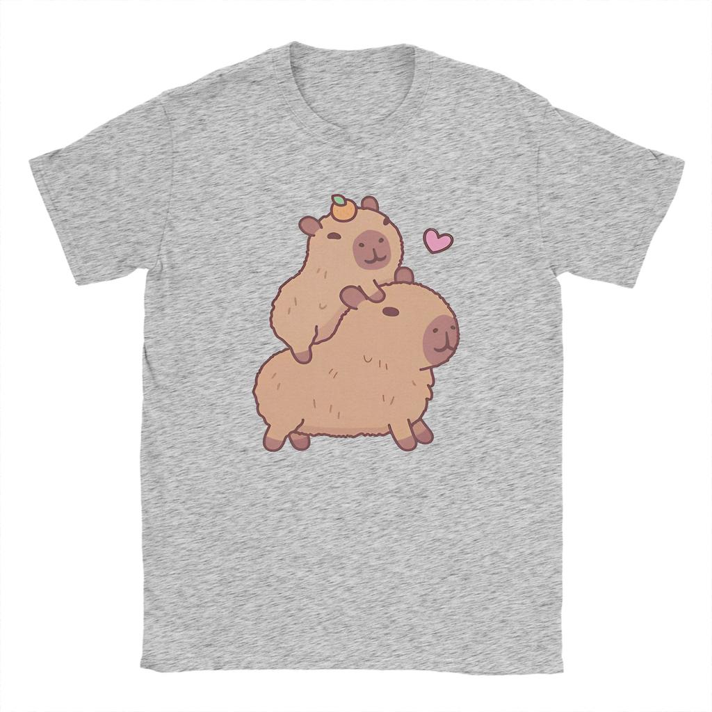 Vintage Cute Baby Capybara Hitching A Ride T-Shirts Men Round Neck 100% Cotton T Shirts  Short Sleeve Tees Plus Size Tops