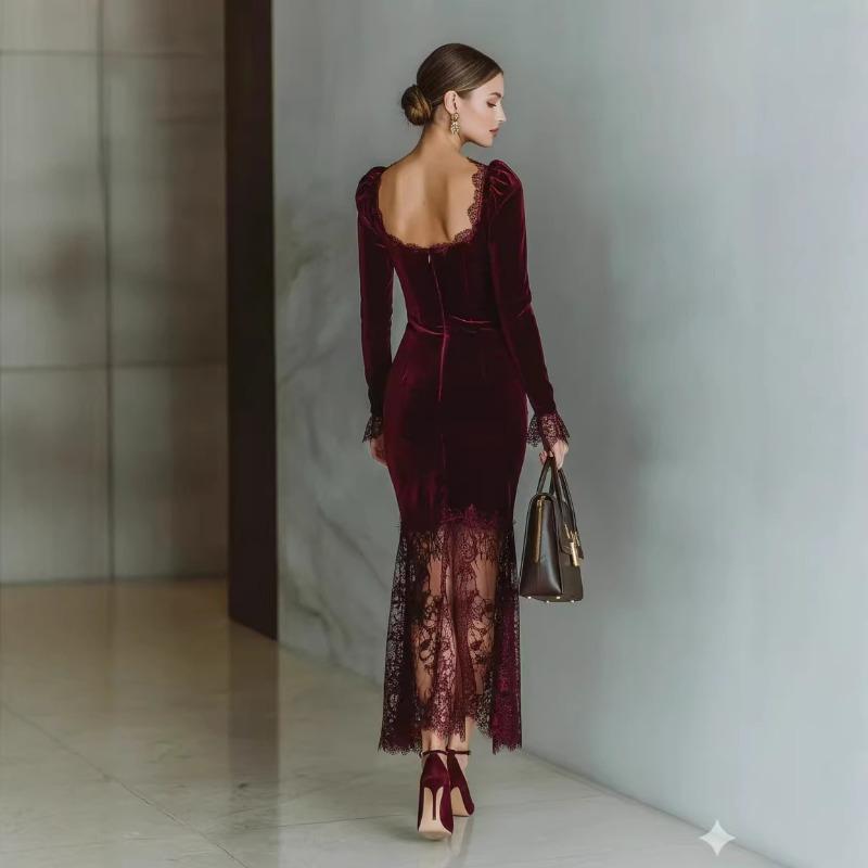 E-commerce Burgundy French Golden Velvet Fishtail New Dress Dress